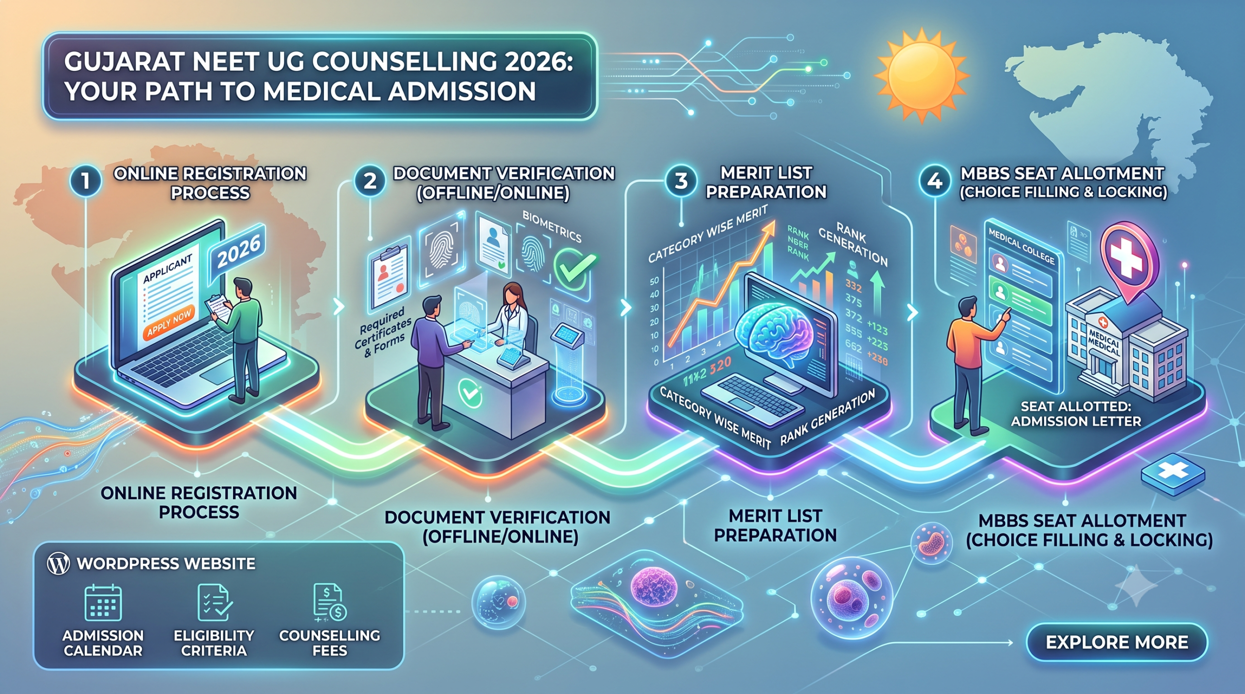 Gujarat NEET UG Counselling 2026 registration process showing document verification, merit list preparation, and MBBS seat allotment steps for Gujarat medical colleges